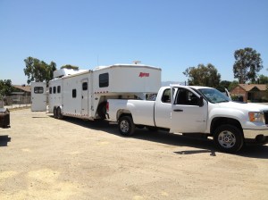 32' horse trailer with living quarters pulled by new GMC 2500 diesel.