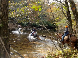 3 women (who are lucky to live here) crossing the river